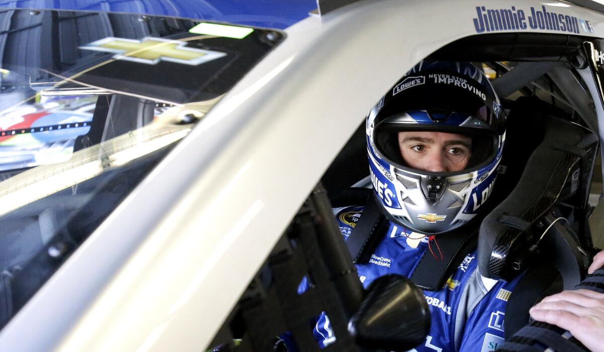 NASCAR driver Jimmie Johnson gets ready to go out on the track during a practice session for the Daytona 500.