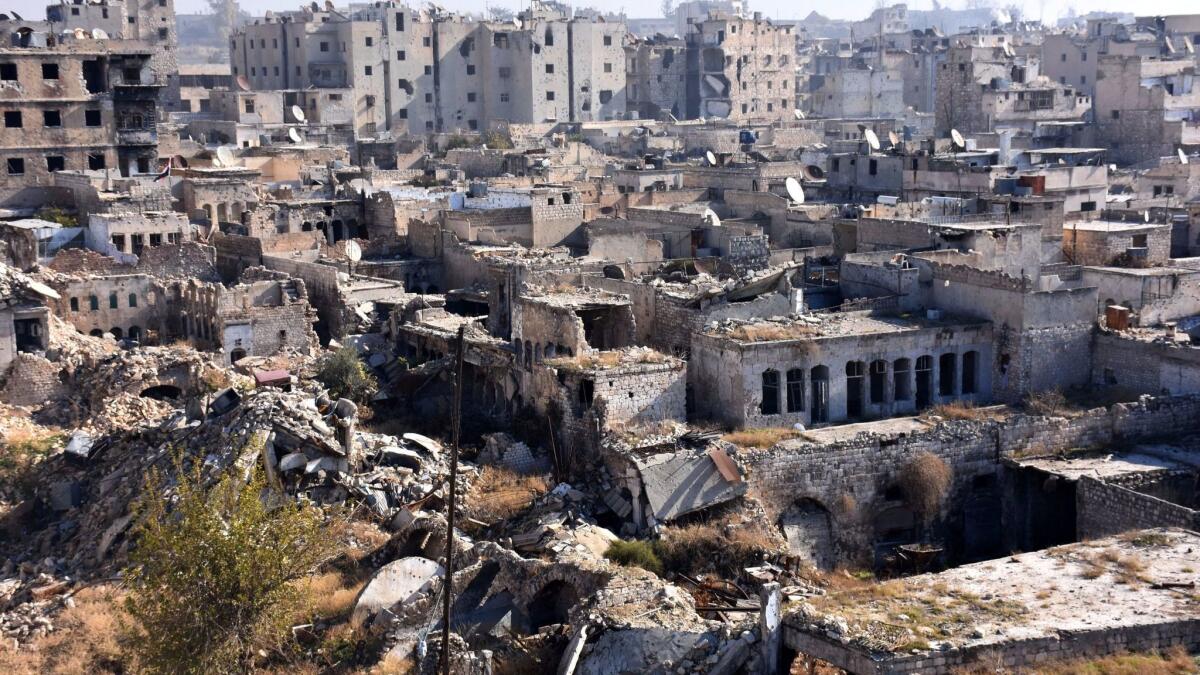 Areas like the Qastal al-Harami neighborhood of Aleppo, seen here on Dec. 9, 2016, have been ravaged by Syria's civil war.