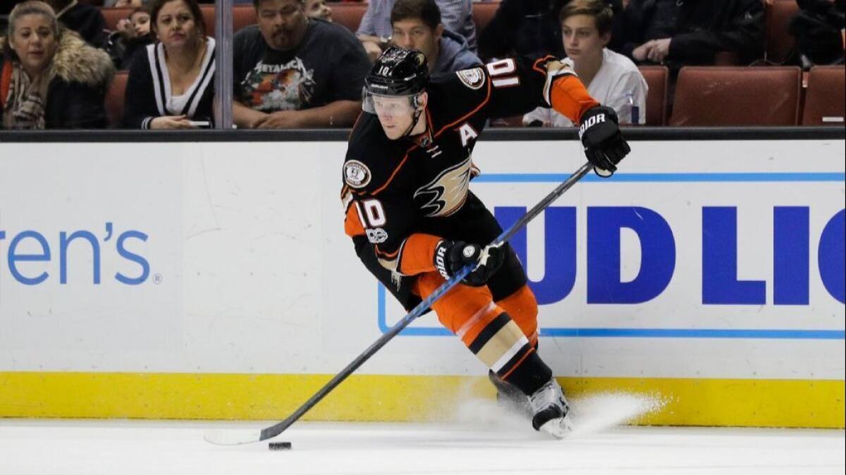 Ducks winger Corey Perry moves the puck during a game against the Maple Leafs on March 3 at Honda Center. Perry took three penalties in the game.