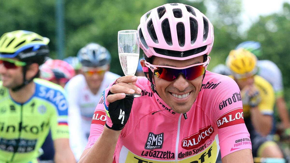 Alberto Contador celebrates his Giro d'Italia victory during the final stage of the race in Turin, Italy, on Sunday.