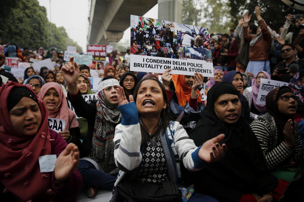 Students of Jamia Millia Islamia university in New Delhi protest against a new citizenship law on Dec. 21.