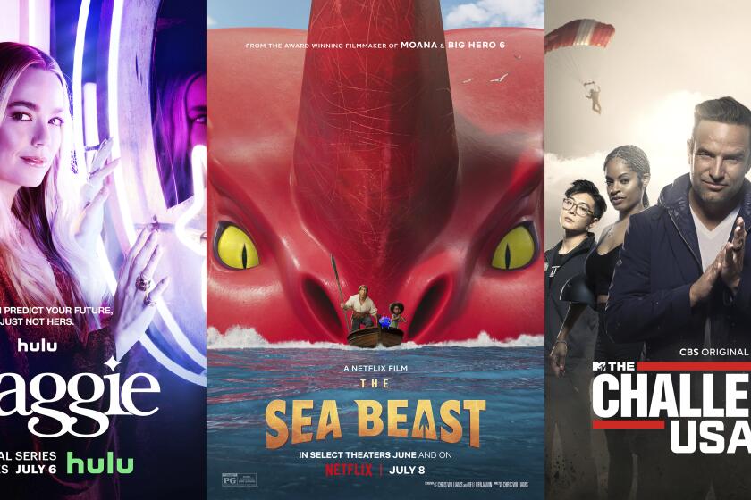 En esta combinación de fotografías, el arte promocional de la serie de Hulu "Maggie", izquierda, la película animada de Netflix "The Sea Beast", centro, y el nuevo reality "The Challenge USA" de CBS. (Hulu/Netflix/CBS via AP)