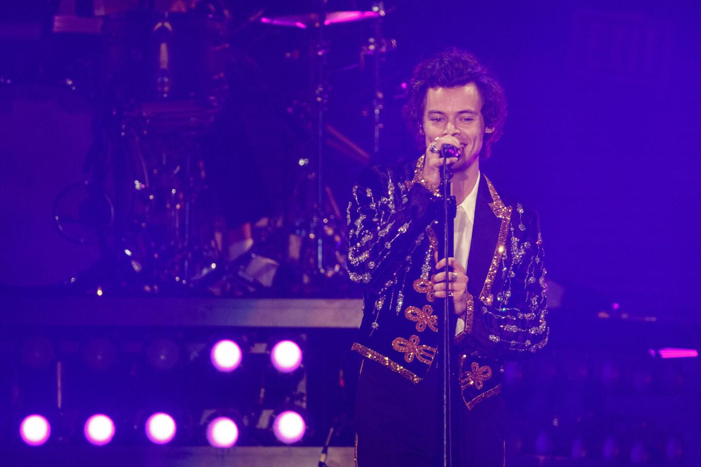 Harry Styles performs during the final night of his year-long arena tour at the Forum in Inglewood.