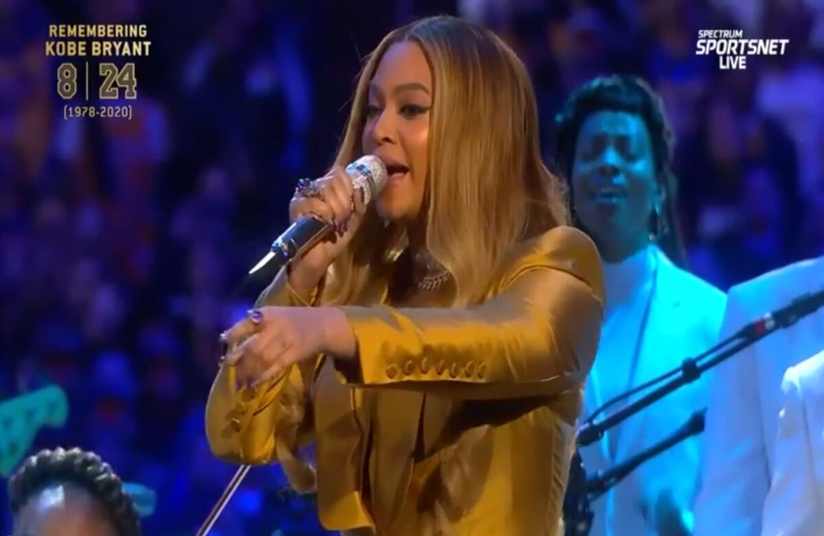 A screenshot of Beyoncé performing during the 'Celebration of Like' at Staples.