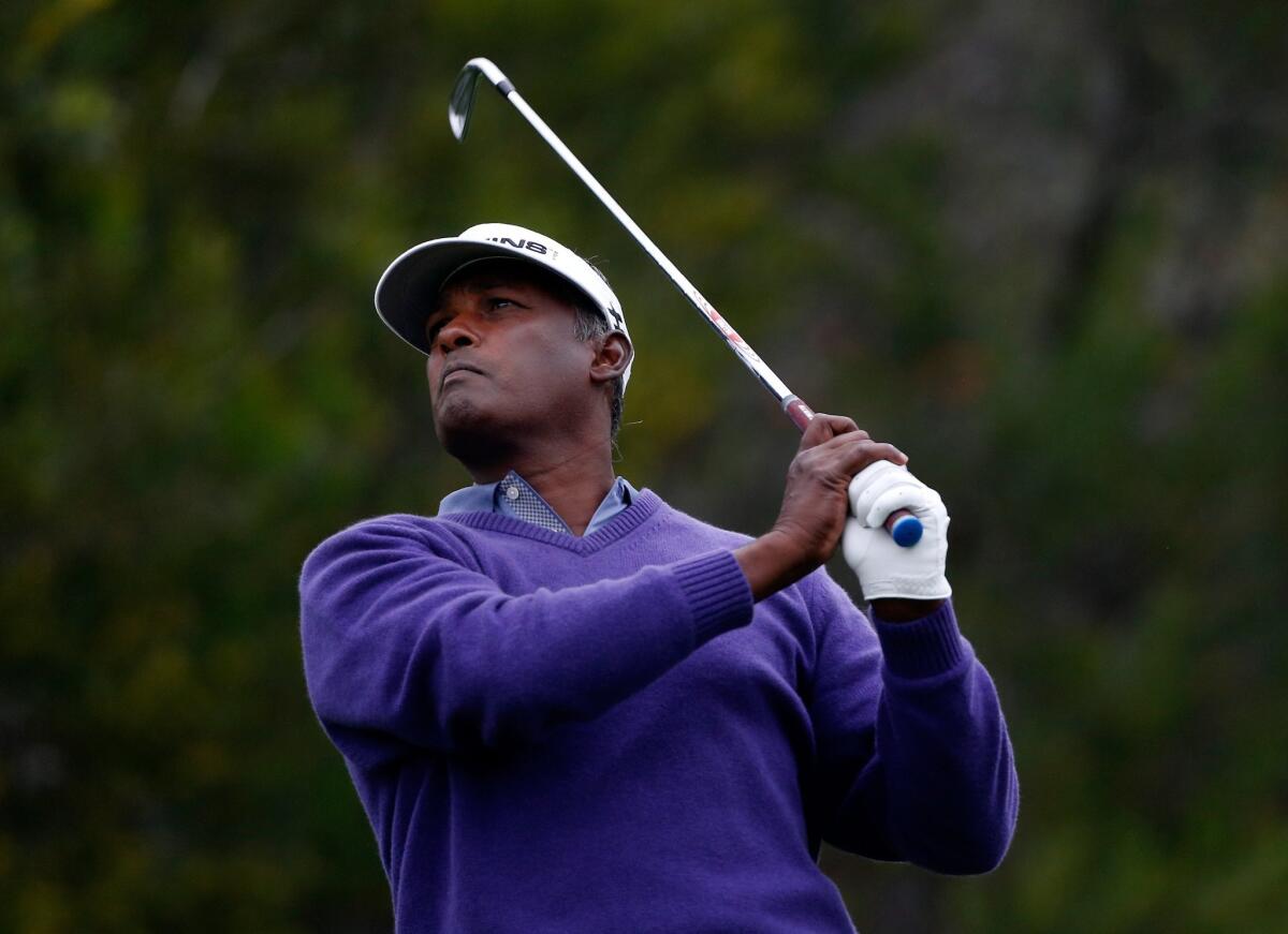 Vijay Singh tees off on the fourth hole Thursday during the first round of the Northern Trust Open at Riviera Country Club in Pacific Palisades.