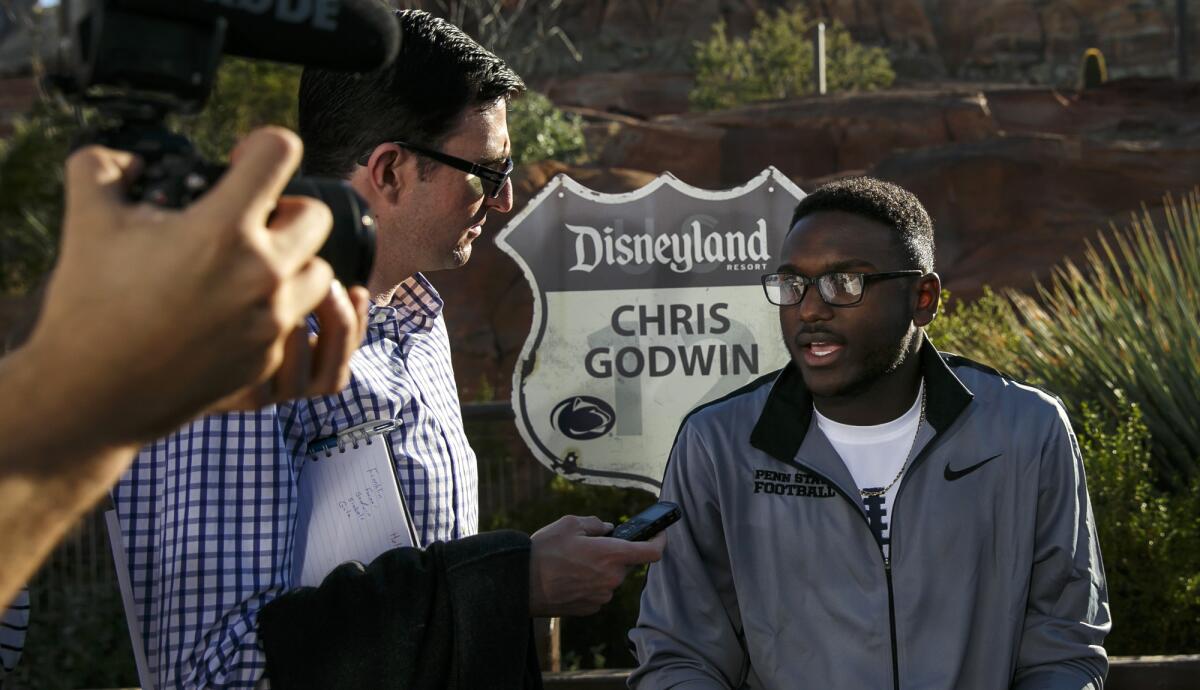 Penn State's Chris Godwin speaks to reporters during a Rose Bowl media event at Disney's California Adventure Park on Tuesday.
