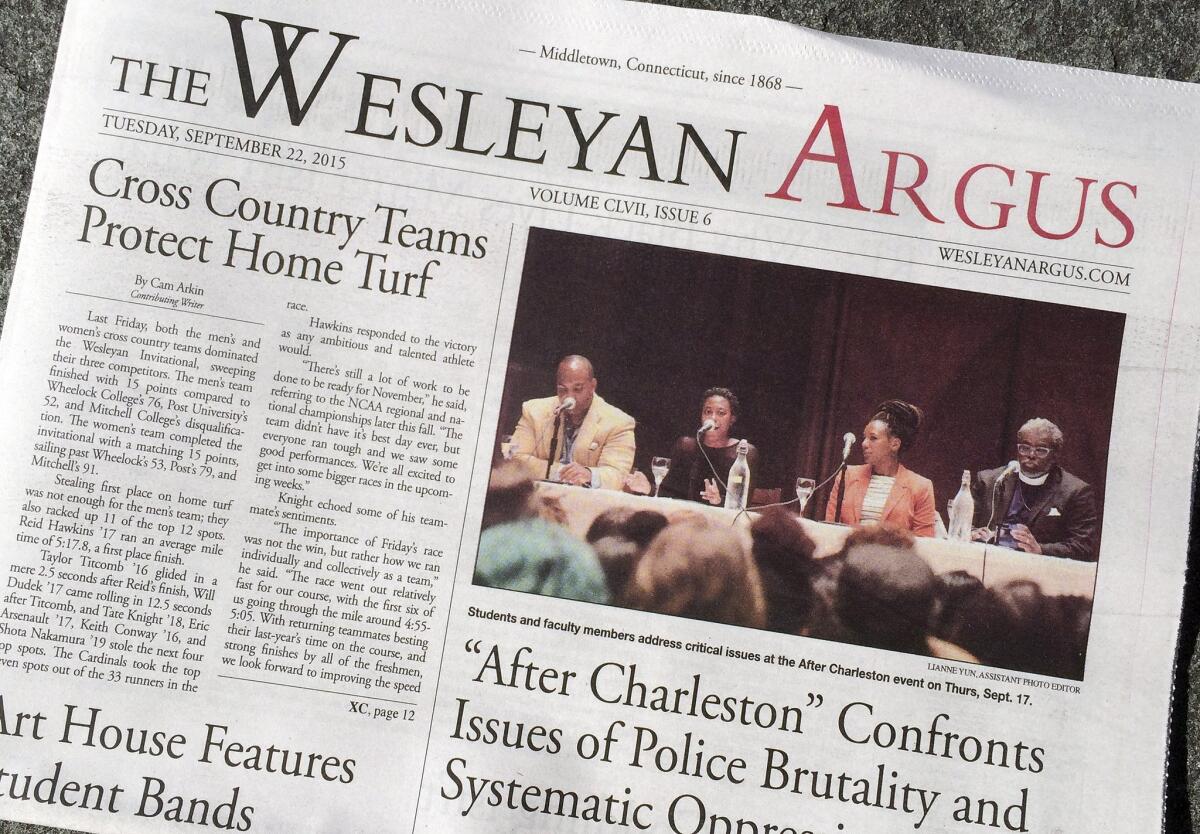 The Wesleyan Argus student newspaper is displayed on the campus of Wesleyan University in Middletown, Conn Sept. 24.
