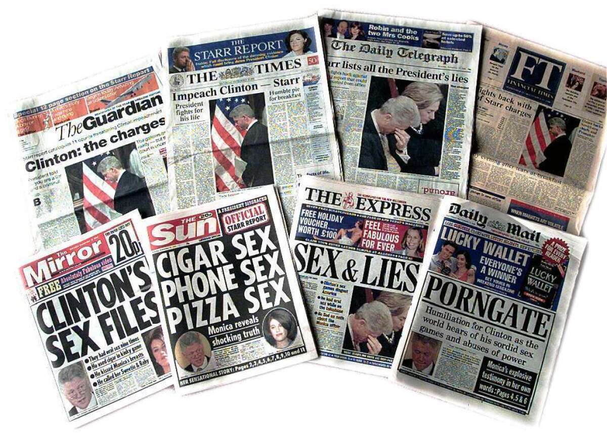 Unlike most U.S. papers, which are sold by subscription, British newspapers still sell single issues in huge numbers, and tabloids use huge, catchy headlines to attract readers. Some websites also use lurid headlines to draw clicks. Above, British coverage of the Bill Clinton sex scandal.