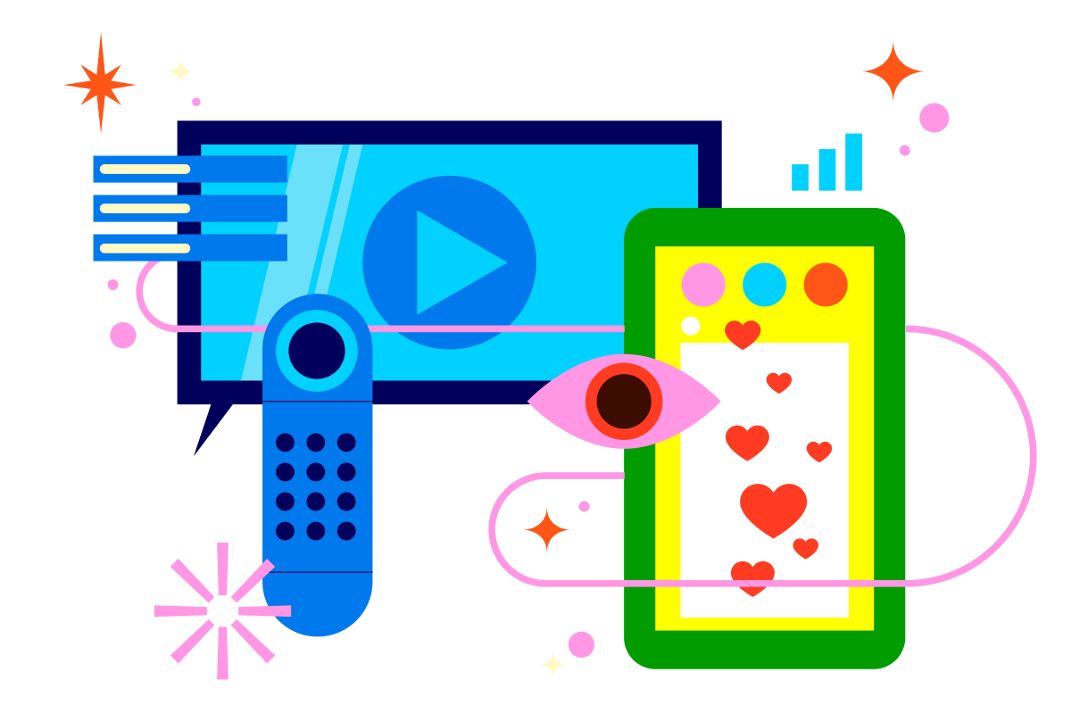 Illustration showing television screen, remote control, an eye, a phone with social media app and reaction emojis
