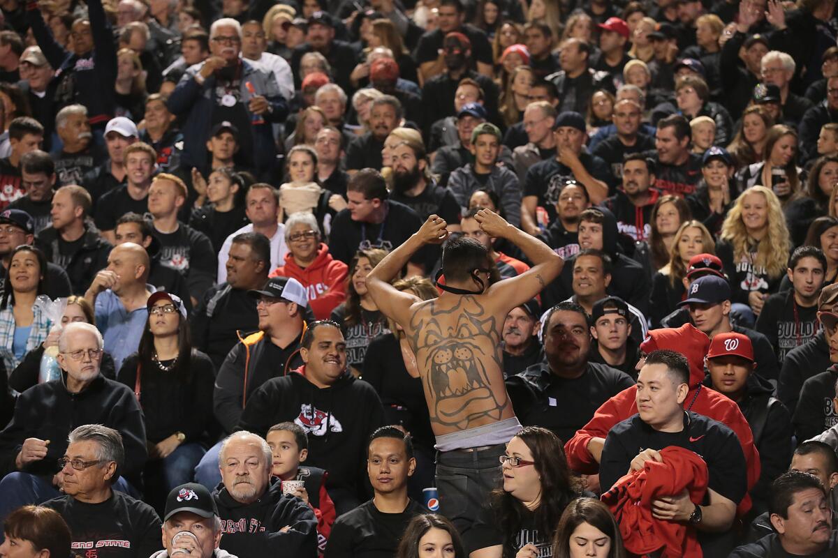 A shirtless fan shows off a bulldog tattoo as Fresno State plays Nevada at Bulldog Stadium.