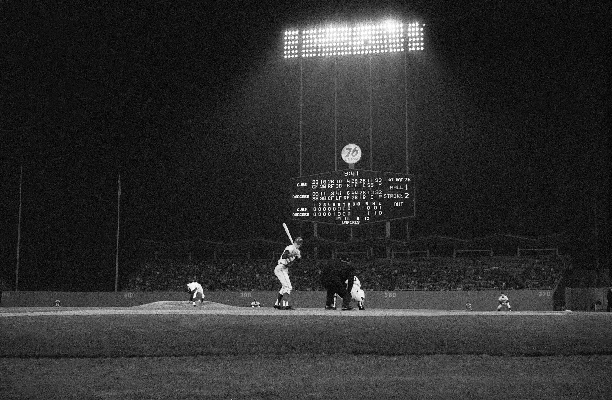 Dodgers pitcher Sandy Koufax delivers to Chicago Cubs batter Chris Krug during his perfect game on Sept. 9, 1965.