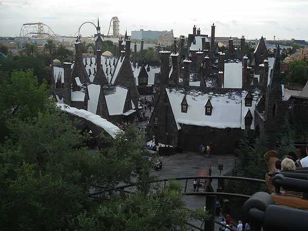 Wizarding World of Harry Potter's Flight of the Hippogriff roller coaster provides an overhead view of Hogsmeade and beyond. (That's Hollywood Rip Ride Rockit at Universal Studios in the distance.)