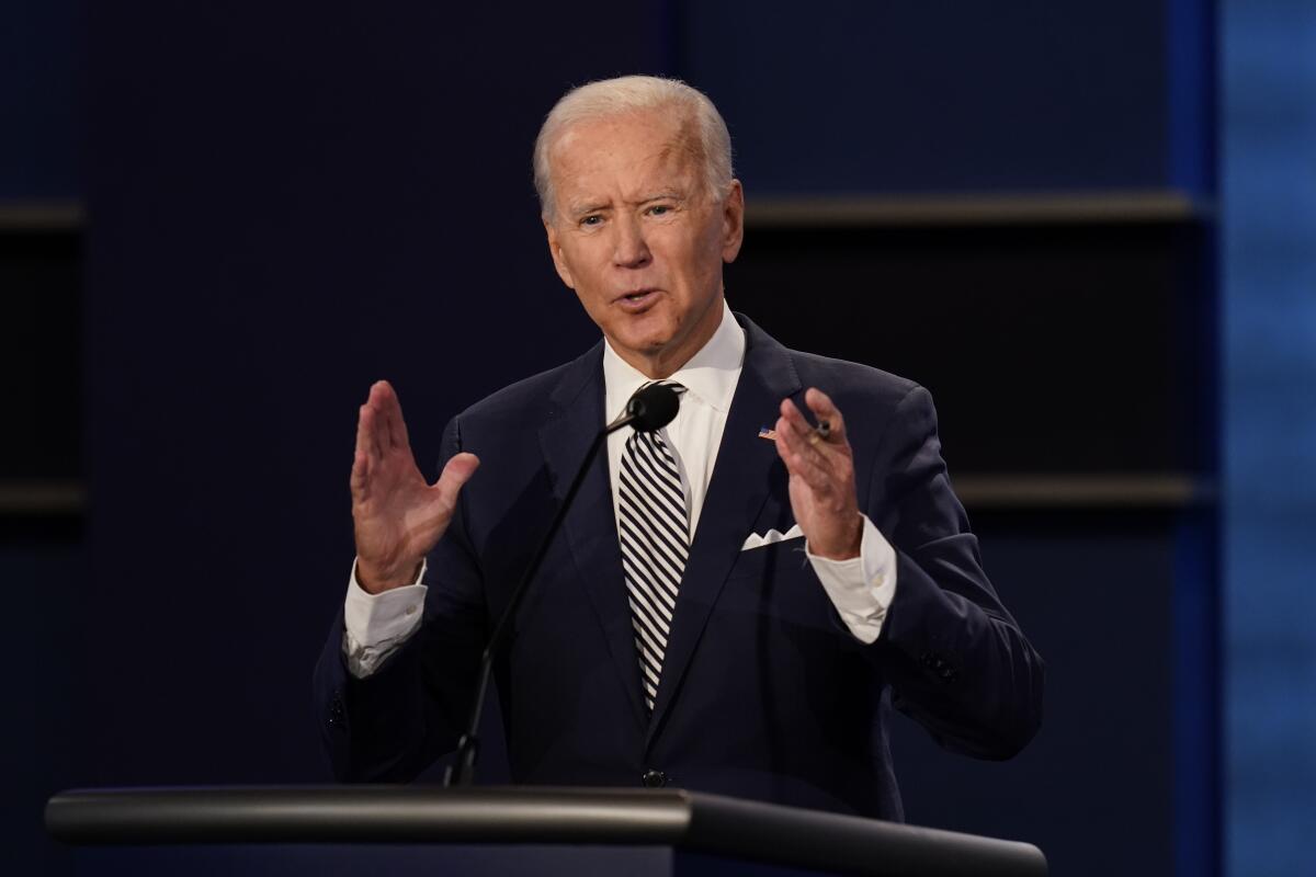 Democratic presidential candidate former Vice President Joe Biden gestures at the debate.
