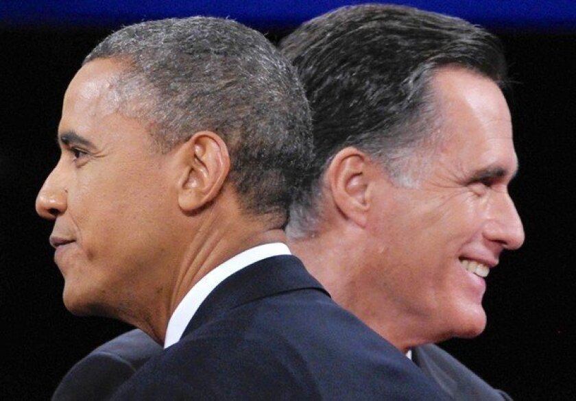 President Obama and Mitt Romney after the third and final presidential debate at Lynn University in Boca Raton, Fla., on Oct. 22, 2012.