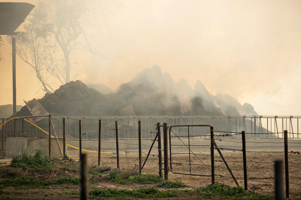 Smoke surrounds piles of mulch and hay