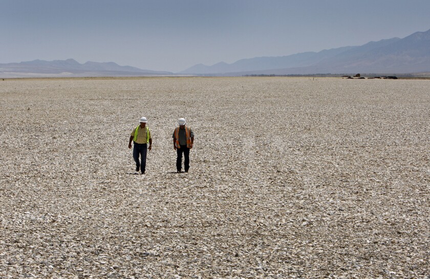 Two men walk on the dry Owens Lake bed in the Owens Valley.