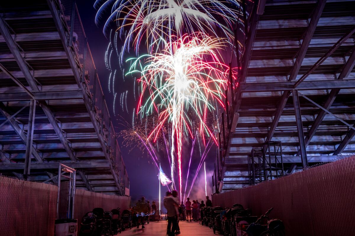 People watch fireworks at the AV Fair & Event Center in Lancaster.