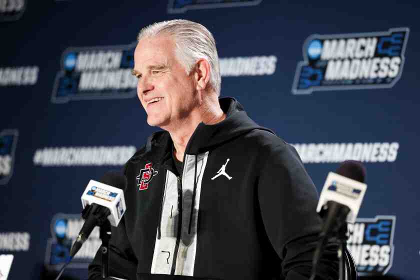 Spokane, WA - March 21: San Diego State head coach Brian Dutcher speaks to the media before a practice ahead of the Aztecs first round NCAA tournament game against UAB at Spokane Arena on Thursday, March 21, 2024 in Spokane, WA.(Meg McLaughlin / The San Diego Union-Tribune)