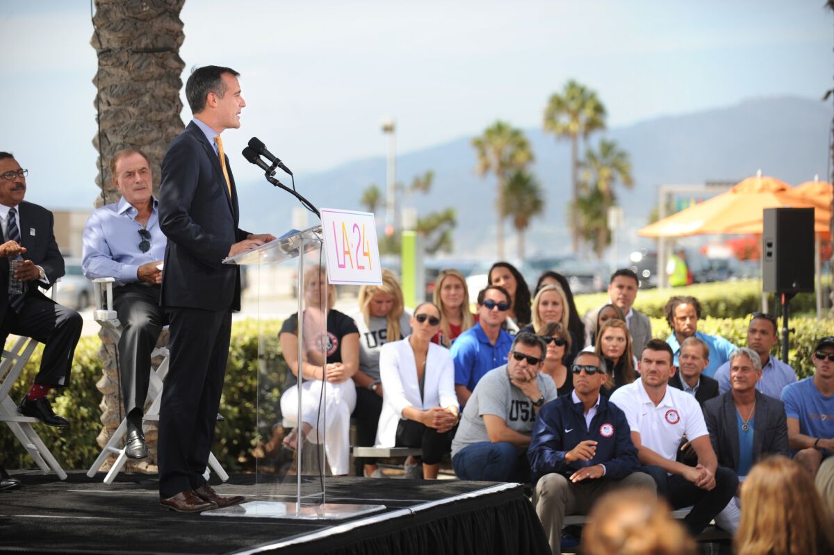 Los Angeles Mayor Eric Garcetti speaks last year about the city's 2024 Olympics bid. The L.A. City Council is scheduled to vote on the second round of bid materials Friday.