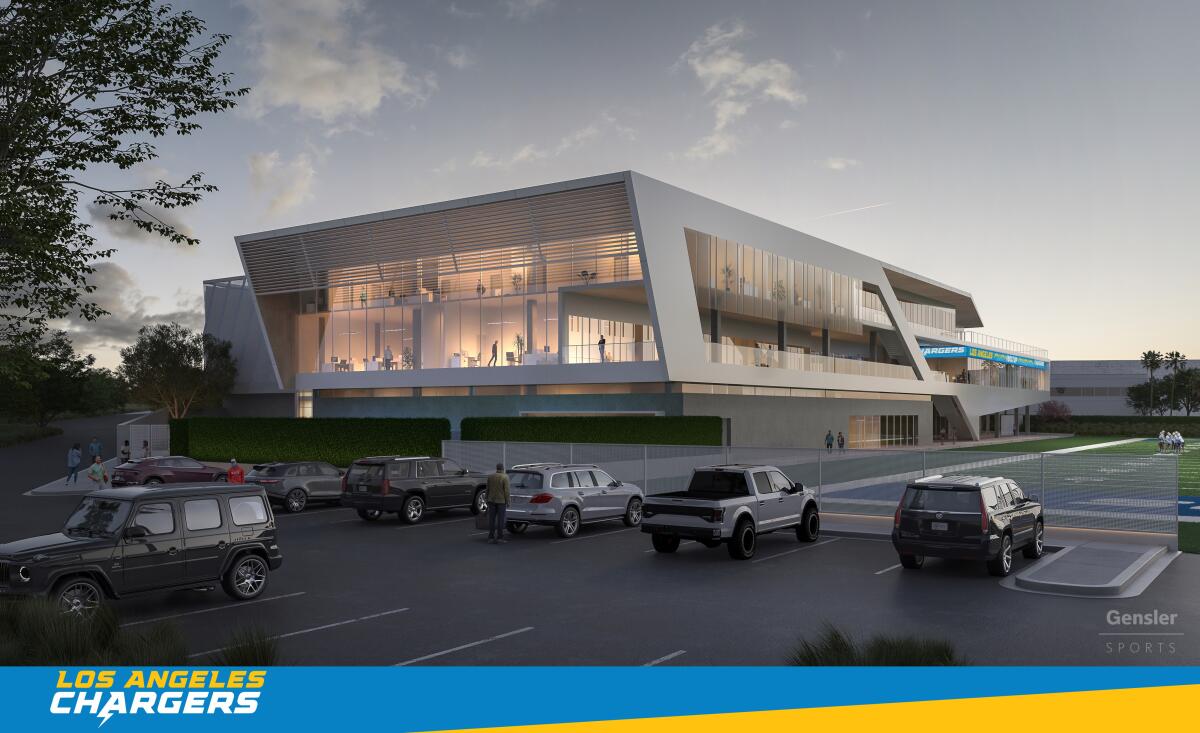 An artist's rendering of the Chargers' planned headquarters and training facility in El Segundo.