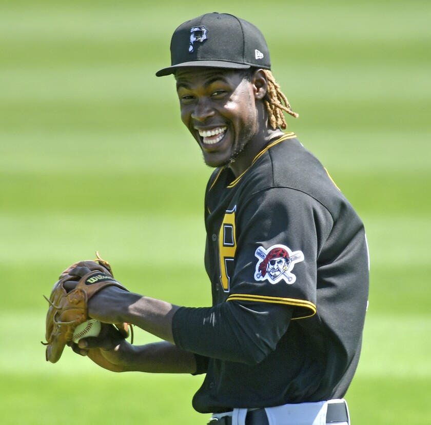Pittsburgh Pirates shortstop Oneil Cruz warms up before taking on the Tampa Bay Rays in a spring training baseball game, Wednesday, March 3, 2021, at Charlotte Sports Park in Port Charlotte, Fla. (Matt Freed/Pittsburgh Post-Gazette via AP)