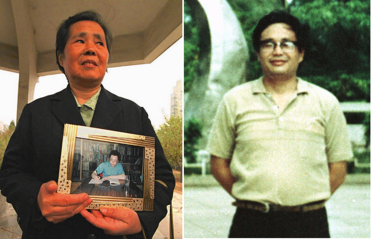 The mother of Chinese dissident Chen Ziming, Wen Yongfen, shown in 1995, holds a photo of her son. also seen at right in 1989. Chen spent 13 years behind bars or confined in his apartment after the Tiananmen Square protests. He died Tuesday at 62.