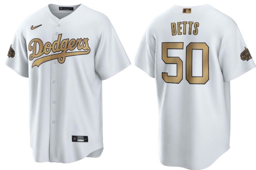 The front and back of Dodgers outfielder Mookie Betts' jersey for the 2022 MLB All-Star Game at Dodger Stadium