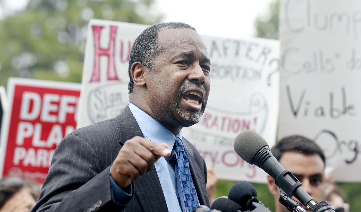 Republican presidential candidate Dr. Ben Carson speaks in opposition to federal funding for Planned Parenthood at an anti-abortion rally in front of the U.S. Capitol on July 28.