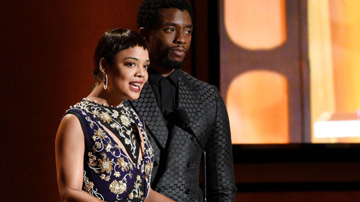 Tessa Thompson, left, and Chadwick Boseman at the Academy of Motion Pictures Arts and Sciences' 2017 Governors Awards