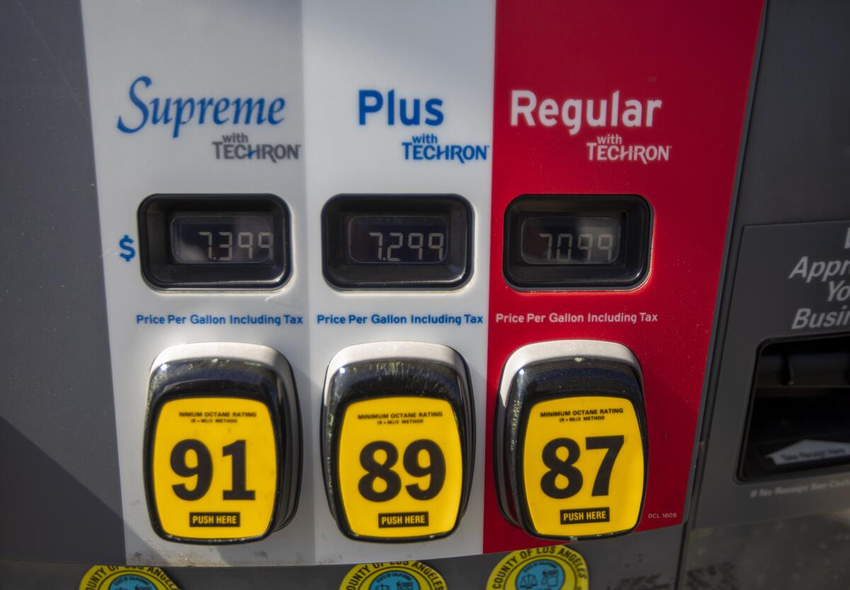 The price of gas tops $7 a gallon at a Chevron station in Eagle Rock in early October 