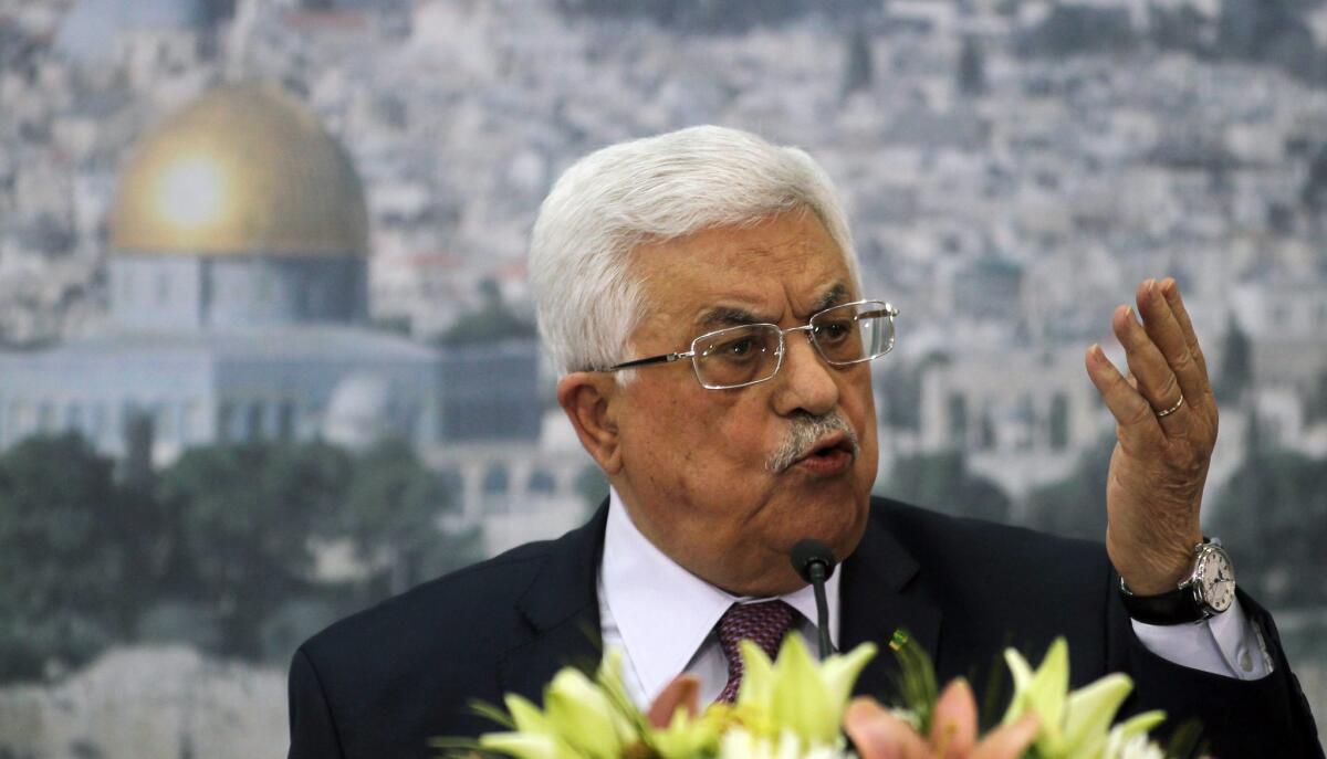 Palestinian President Mahmoud Abbas is seen speaking during a meeting with Israeli University students in the West Bank city of Ramallah. Some 250 student leaders and heads of student organizations from several Israeli academic institutions met with President Abbas, an event is a joint initiative of the Knesset Caucus to Resolve the Arab-Israeli Conflict, chaired by MK Hilik Bar, and the National Union of Students.
