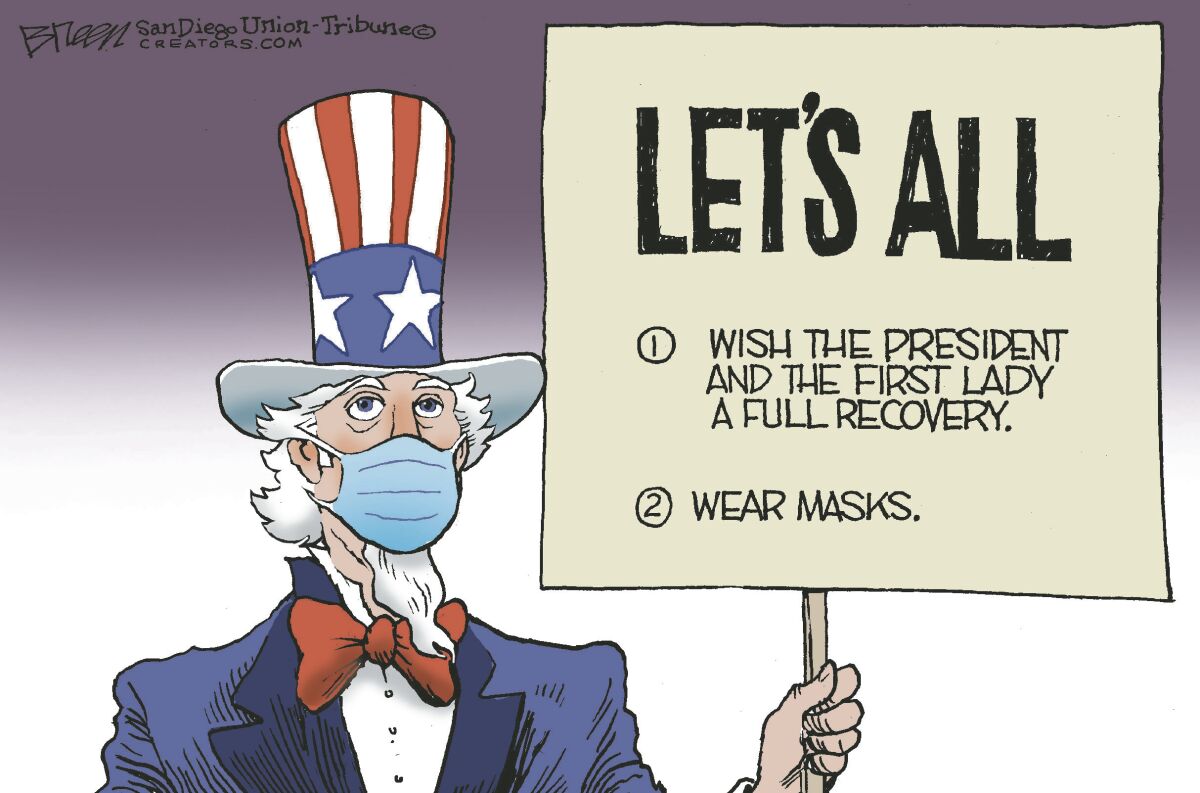 Uncle Sam, in a mask, holds a sign reading "Let's all wish the President and First Lady a full recovery and wear masks."