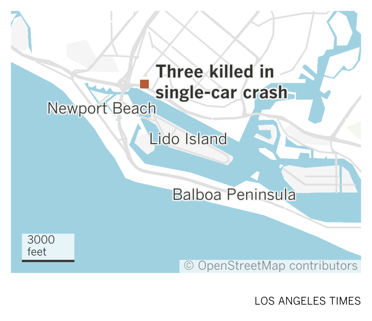 A map of Newport Beach shows the location of a single-car crash that killed three people on Pacific Coast Highway