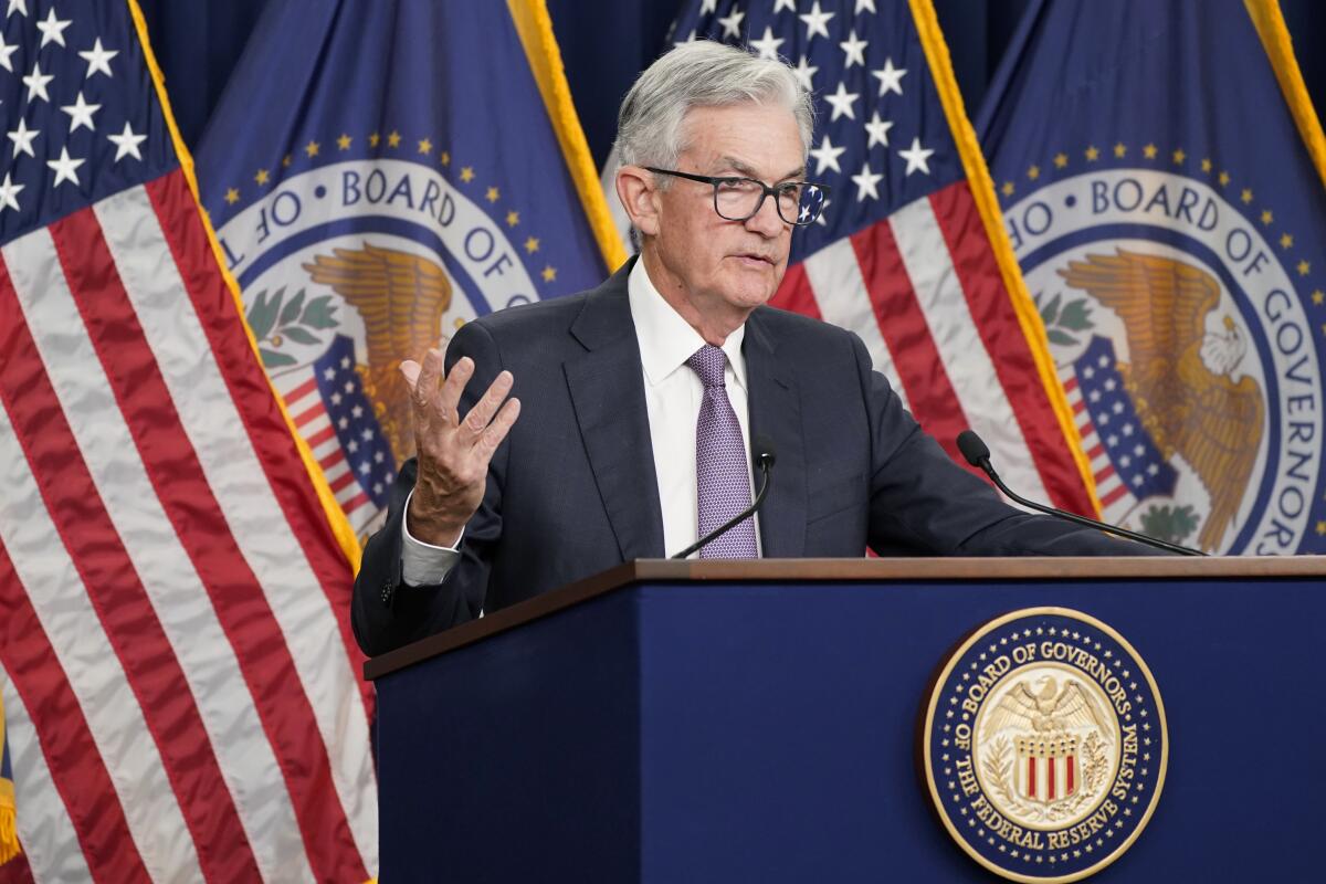 Federal Reserve Chair Jerome Powell speaks at a news conference 