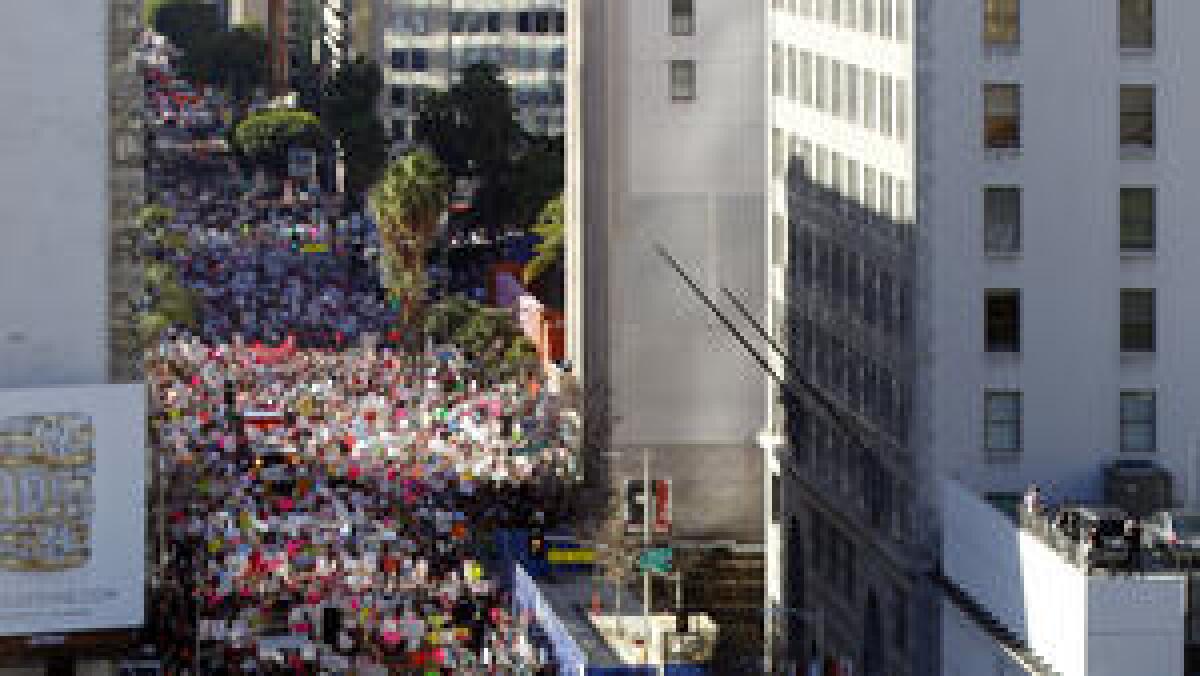 A massive crowd made its way from Pershing Square during Saturday's Women's March Los Angeles.