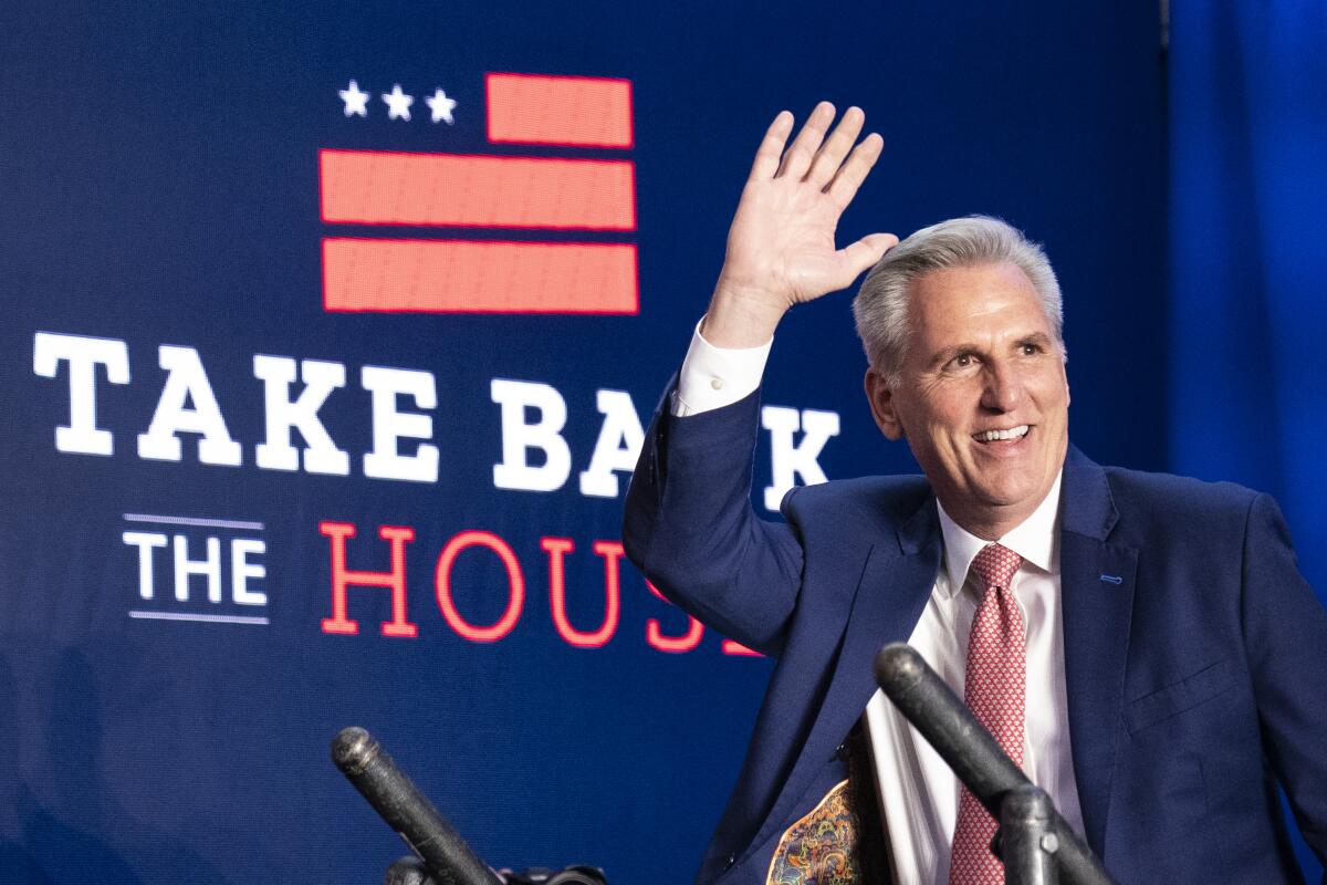 House Minority Leader Kevin McCarthy of Calif., arrives to speak at an event early Wednesday morning, Nov. 9, 2022, in Washington. (AP Photo/Alex Brandon)