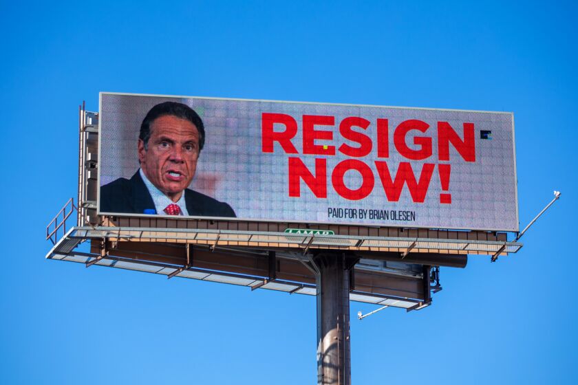 ALBANY, NY - MARCH 02: A billboard urging New York Governor Andrew Cuomo to resign is seen near downtown on March 2, 2021 in Albany, New York. The governor is facing calls to resign after three women have come forward accusing him of unwanted advances. (Photo by Matthew Cavanaugh/Getty Images)