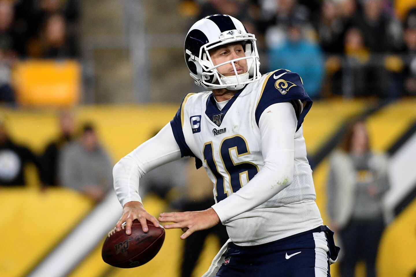 Rams quarterback Jared Goff passes against the Pittsburgh Steelers