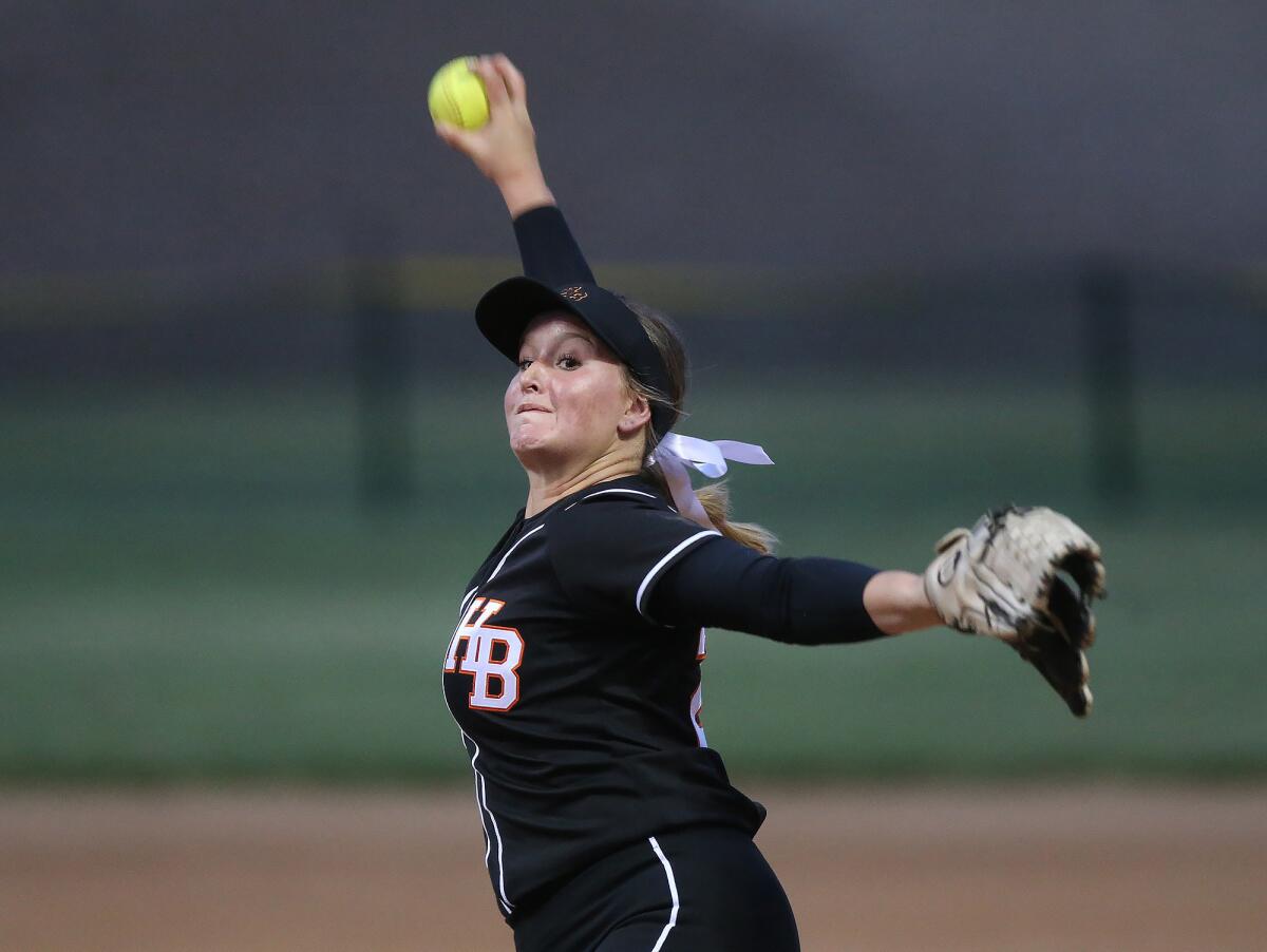 Huntington Beach's Devyn Greer, shown pitching in a April 4, 2019 game against Granite Hills, helped the Oilers shut out Foothill 13-0 on Thursday.