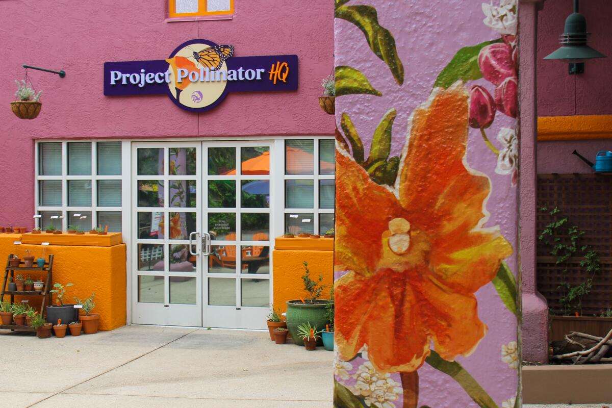 A pink building with a sign that says "Project Pollinator"