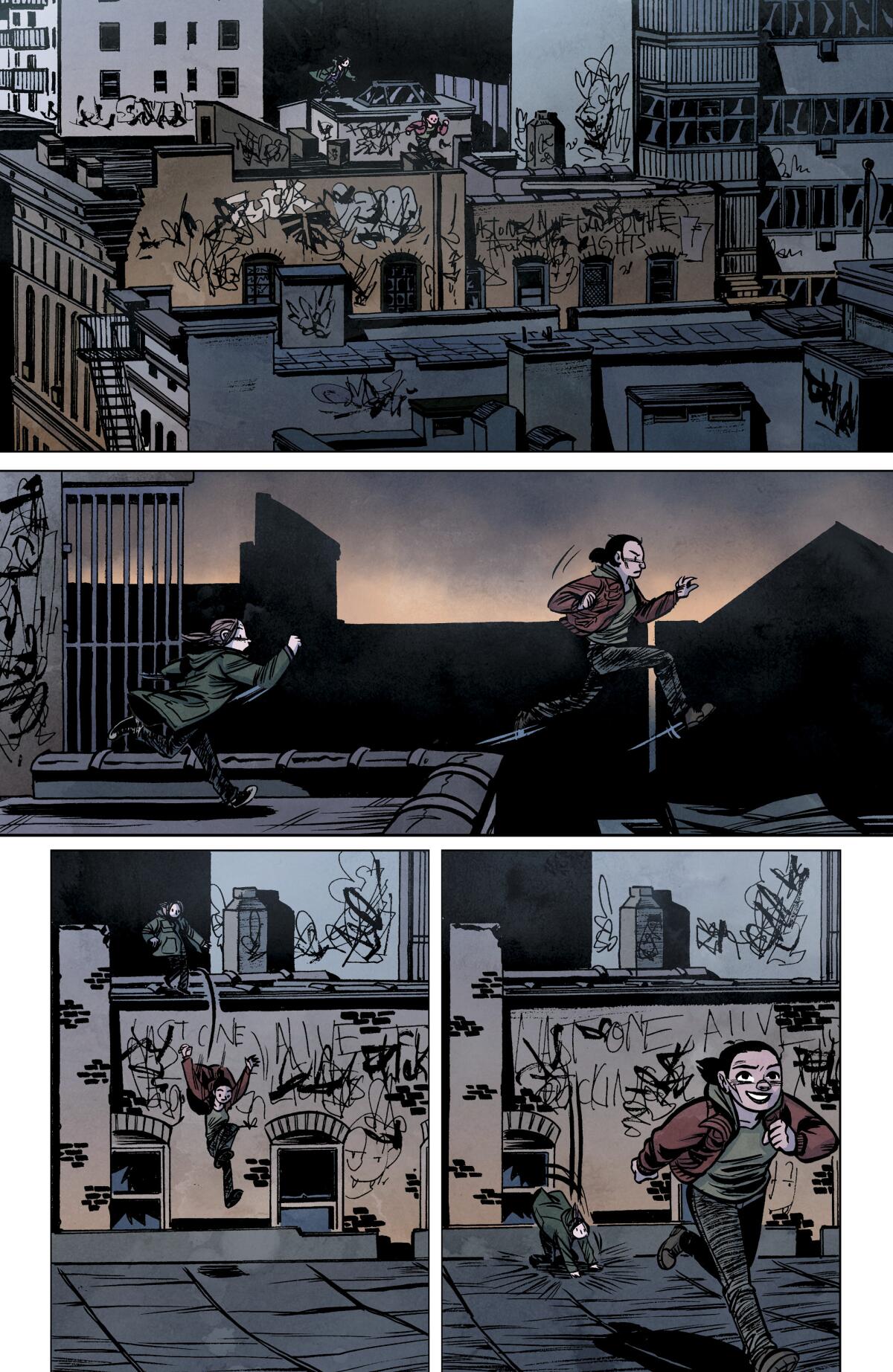 A comic page showing two girls running across rooftops