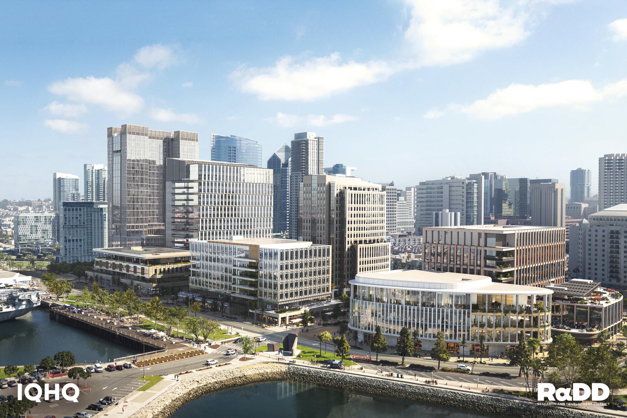 An aerial rendering of IQHQ's Research and Development District as viewed from San Diego Bay. 
