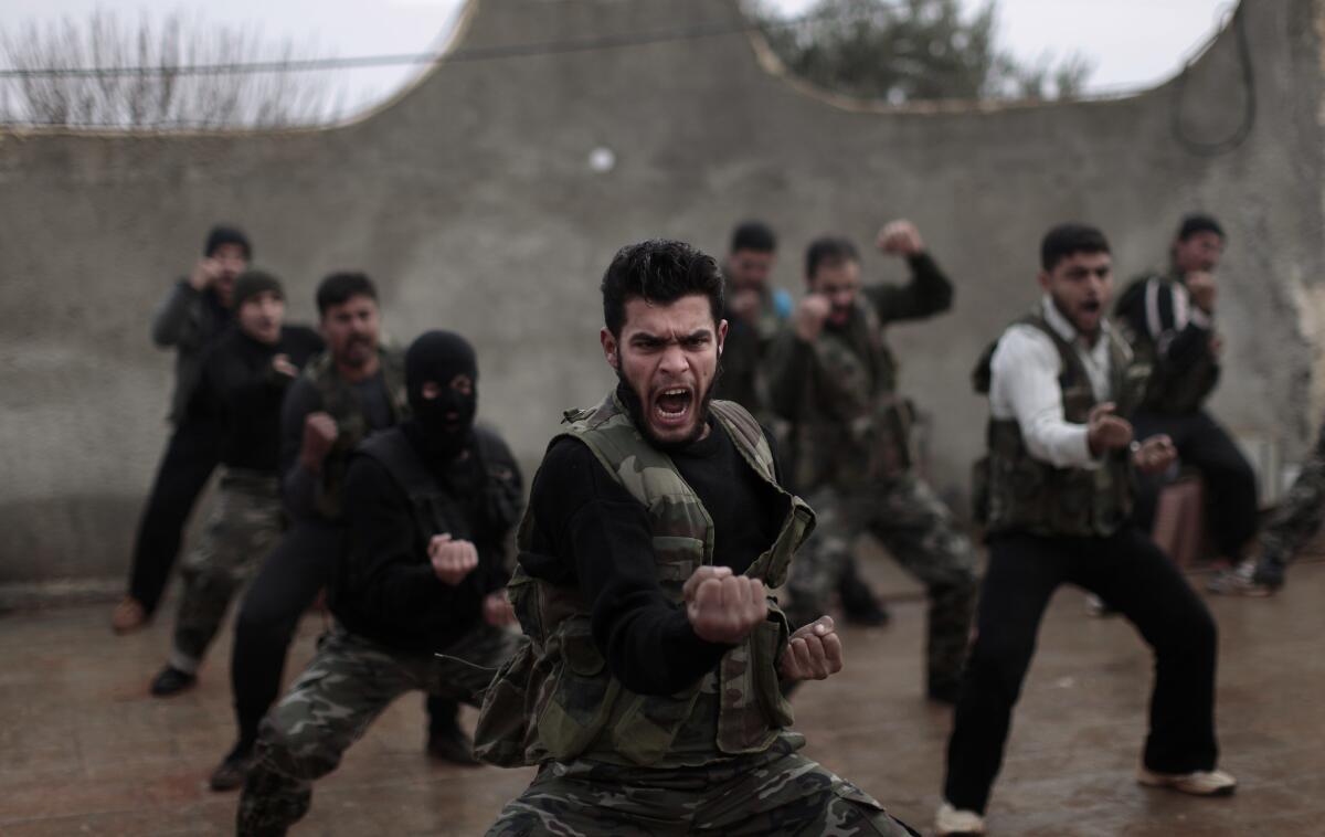 Syrian rebels attend a training session in Maaret Ikhwan, near Idlib, Syria.