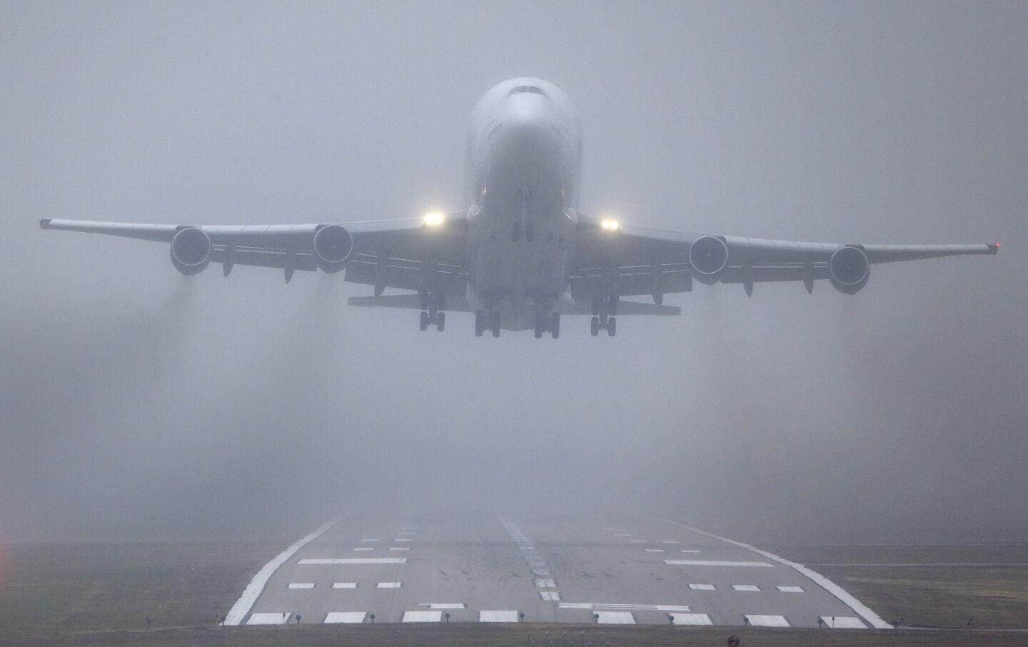 A Boeing 747 takes off the day after it mistakenly landed at Col. James Jabara Airport in Wichita, Kan.
