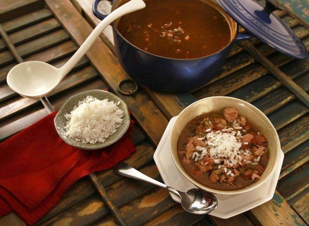 Chicken and andouille smoked sausage gumbo served over white rice.