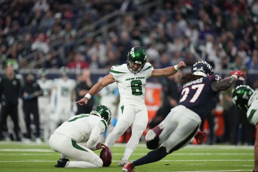 New York Jets kicker Matt Ammendola (6) kicks a field goal in the second half of an NFL football game against the Houston Texans in Houston, Sunday, Nov. 28, 2021. The Jets won 21-14. (AP Photo/Eric Smith)