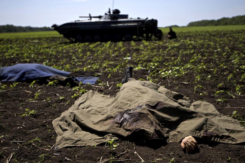 Bodies covered with blankets lie in a field near the village of Blahodatne in eastern Ukraine after a clash between Ukrainian troops and pro-Russian separatists.