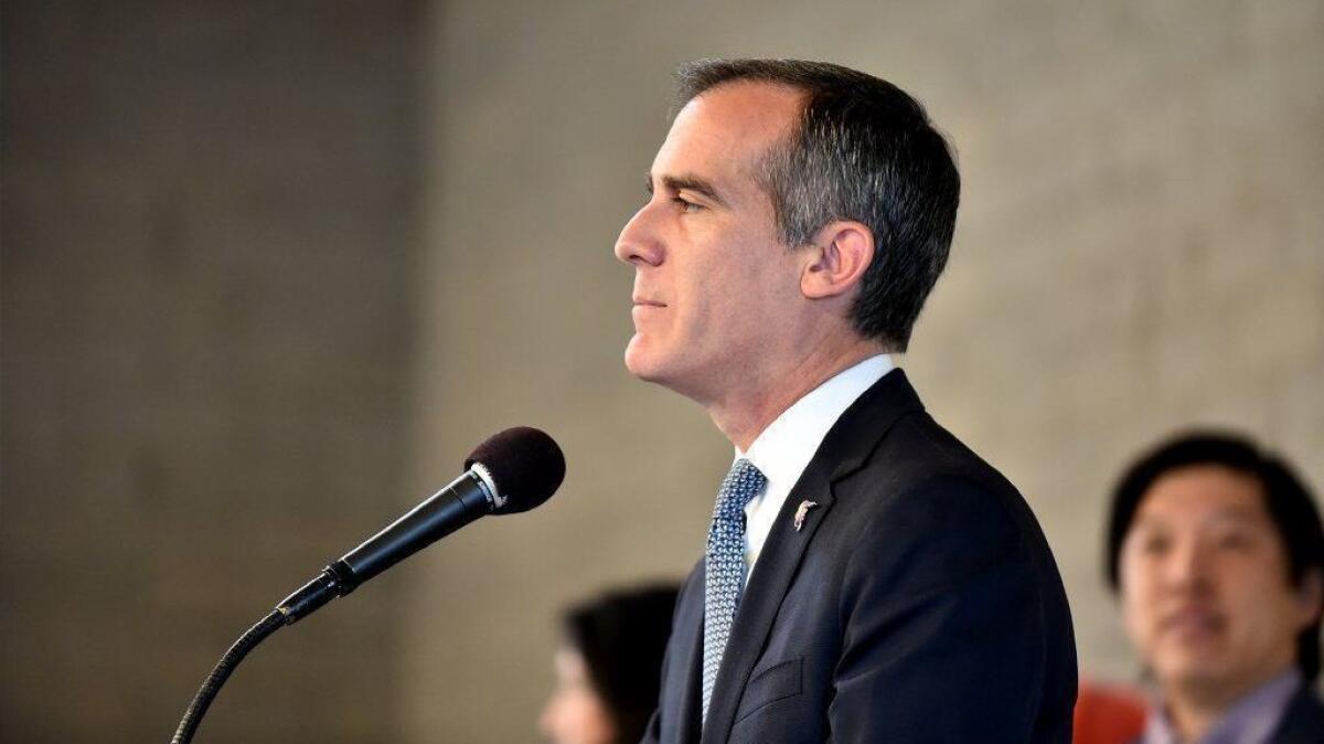 Los Angeles Mayor Eric Garcetti gives a speech on Feb. 12 in Westlake.