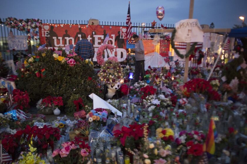A makeshift memorial is seen near the Inland Regional Center in San Bernardino in late December.