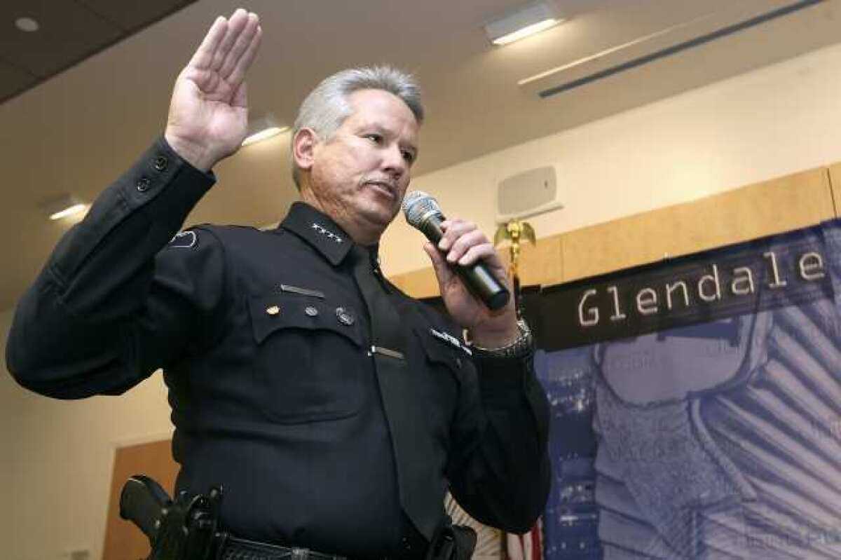 ARCHIVE PHOTO: Glendale Police Chief Ronald L. DePompa is sworn-in during ceremony held at the department's community police room in January 2010. The chiefÃƒâ€šÃ‚Â¿s retirement, effective March 2, was announced in a Feb. 26 memo from City Manager Scott Ochoa, who said he asked De Pompa to continue working as an hourly employee until the city finds a replacement. He is expected to earn $103 per hour on top of his roughly $192,600 state pension.
